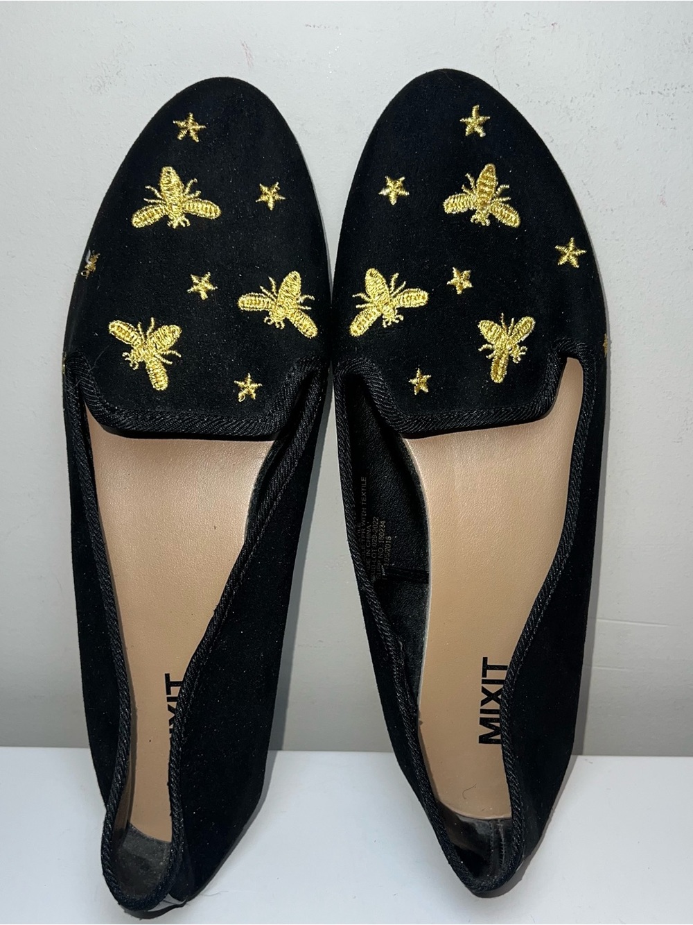 Mixit Black Velvet Slip-On Flats with Gold Bee Embroidery